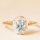 Vintage-Gänseblümchen-Ring aus 9-karätigem Gelb- und Weißgold mit blauem Topas (ca. 0.40 ct) und Diamanten (ca. 0.03 ctw), Jahr 1989
