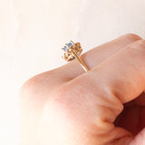 Vintage-Gänseblümchen-Ring aus 9-karätigem Gelb- und Weißgold mit blauem Topas (ca. 0.40 ct) und Diamanten (ca. 0.03 ctw), Jahr 1989