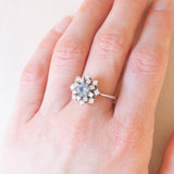 Anello a fiocco di neve vintage in oro bianco 14K con acquamarina (0.50ct ca.) e diamanti (0.70ctw ca.), anni ‘70