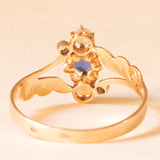 Anello Art Nouveau francese in oro giallo 18K con iolite (0.20ct ca.), diamanti di taglio rosetta e perline bianche, anni ‘10/‘20