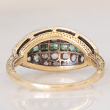 Vintage antique style ring in 14K yellow gold and silver with square cut emeralds (0.12ct approx.) and rose cut diamonds (0.26ctw approx.), 50s/60s