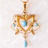 Halskette mit Vintage-Kette aus 9-karätigem Gelbgold und Jugendstil-Lavalier-Anhänger aus 9-karätigem Gelbgold mit Türkispaste