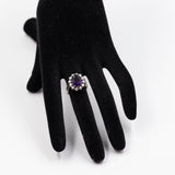 Vintage-Gänseblümchenring aus 14-karätigem Weißgold mit Amethyst (2,30 ct) und Diamanten (0,60 ctw), 70er Jahre