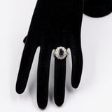 Vintage-Gänseblümchen-Ring aus 14-karätigem Gelbgold mit synthetischem Saphir und Diamant (1.80 ctw), 80er Jahre