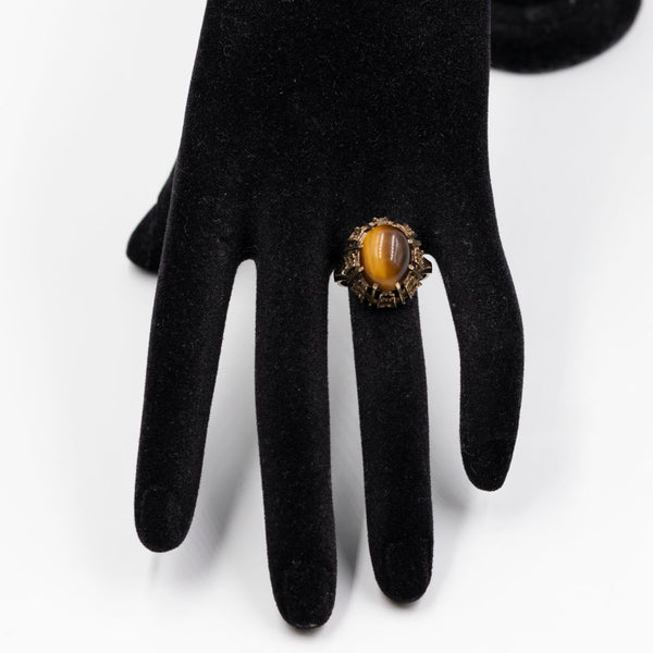 Anello vintage da cocktail in oro giallo 8k con occhio di tigre
