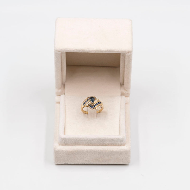 Anello vintage in oro 14K con zaffiri e diamanti, anni '70