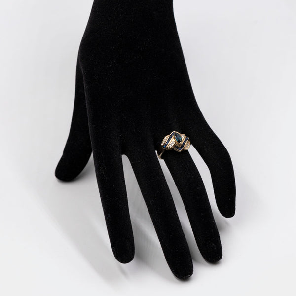 Anello vintage in oro 14k con zaffiri e diamanti, anni '70