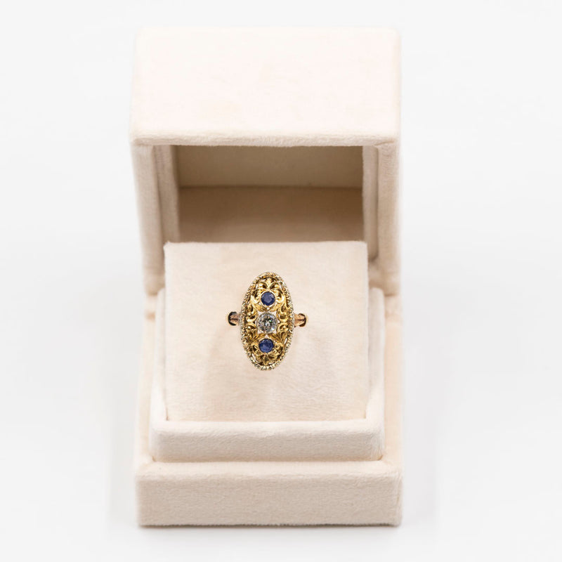 Anello vintage in oro giallo 18k con zaffiri (0,30ctw) e diamante (0,30ct), anni '50
