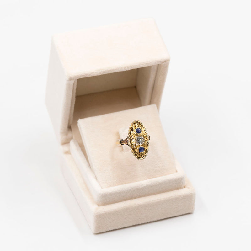 Anello vintage in oro giallo 18k con zaffiri (0,30ctw) e diamante (0,30ct), anni '50