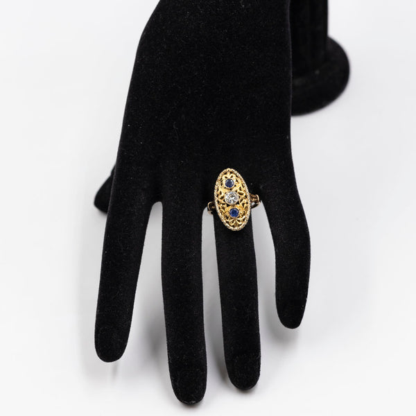 Anello vintage in oro giallo 18k con zaffiri (0,30ctw) e diamante (0,30ct), anni '50