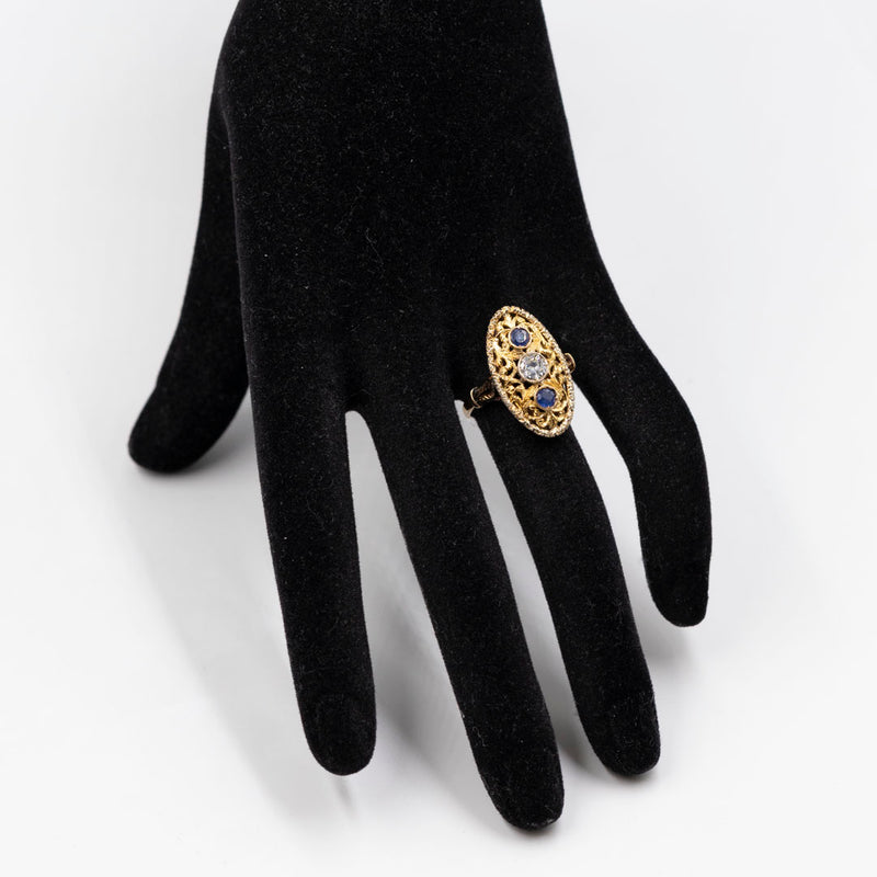 Anello vintage in oro giallo 18k con zaffiri (0,30ctw) e diamante (0,30ct), anni '50