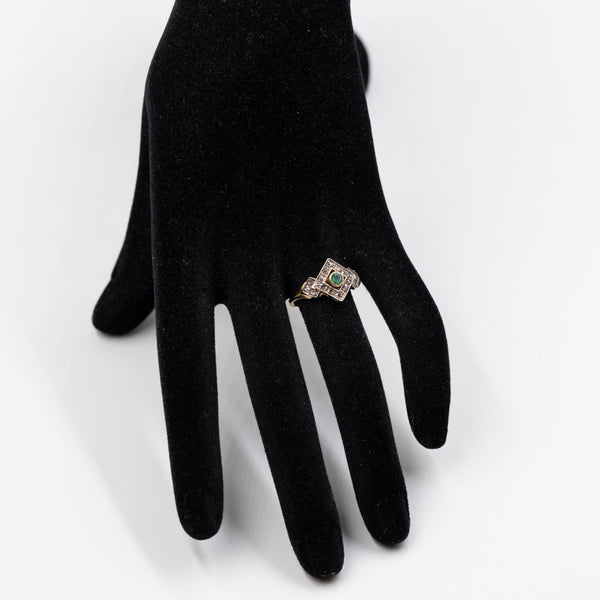 Anello vintage in oro giallo 18k e argento con smeraldo e diamanti
