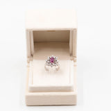 Anello vintage a fiore in oro bianco 14k con rubino (0,90ct) e diamanti (1,10ctw), anni '70