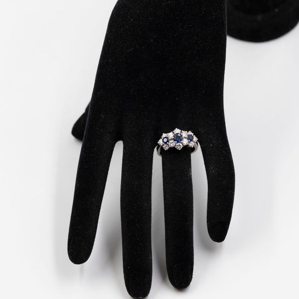 Anello vintage in oro bianco 18k con diamanti (1,34ctw) e zaffiri (0,90ct), anni '60