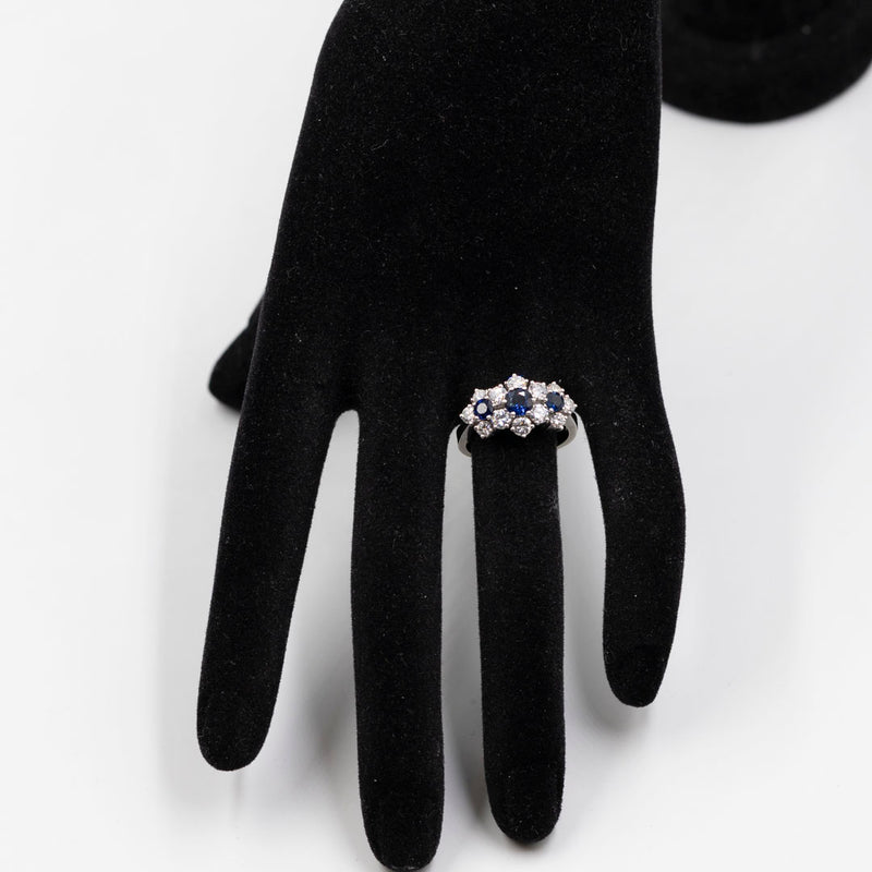 Anello vintage in oro bianco 18k con diamanti (1,34ctw) e zaffiri (0,90ct), anni '60
