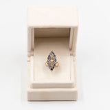 Anello vintage a navette in oro 14k con zaffiri e diamanti, anni '50
