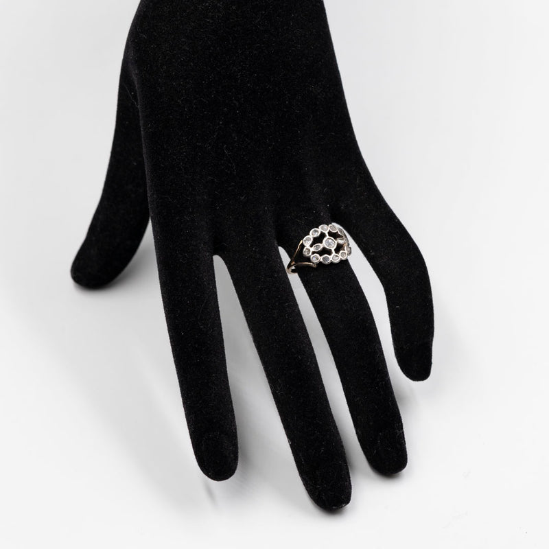 Anello antico in oro giallo 14k e argento con rosette, primi del '900