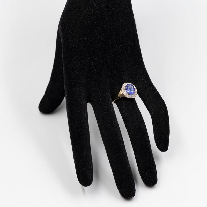Anello vintage a margherita in oro 14k con tanzanite (2,10ct) e diamanti (0,30ctw), anni '80