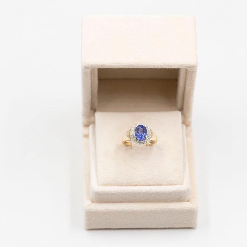 Anello vintage a margherita in oro 14k con tanzanite (2,10ct) e diamanti (0,30ctw), anni '80