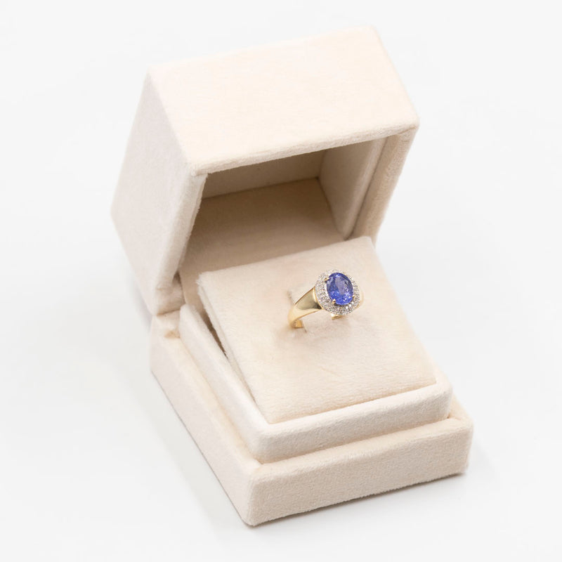 Anello vintage a margherita in oro 14k con tanzanite (2,10ct) e diamanti (0,30ctw), anni '80