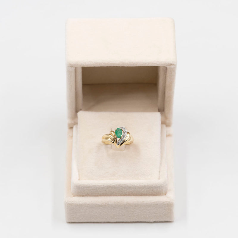 Anello vintage in oro giallo 14k con smeraldo e diamanti, anni '70