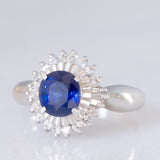 Anello a margherita vintage in platino con zaffiro (1.01ct) e diamanti (0.30ctw), anni ‘80/‘90