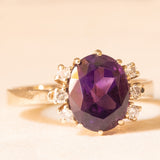 Anello vintage in oro giallo 14K con ametista (2.60ct ca.) e diamanti di taglio brillante (0.12ctw ca.), anni ‘70