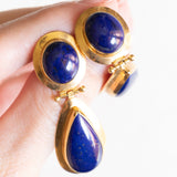 Boucles d'oreilles pendantes vintage en or jaune 18 carats avec lapis-lazuli, 60