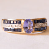 Vintage Ring aus 9 Karat Gelbgold mit Tansanit, Saphir und Diamant, 70er Jahre