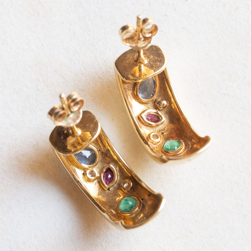 Orecchini vintage in oro 14K con diamanti, rubini, smeraldi e zaffiri, anni ‘70/‘80