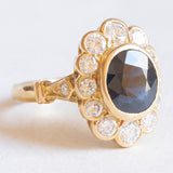 Vintage-Gänseblümchenring aus 18-karätigem Gelbgold mit Saphir (ca. 3.20 ct) und Diamanten im Brillantschliff (ca. 1.40 ctw), 60er Jahre