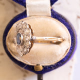 Gänseblümchenring im Art-déco-Stil aus Platin und 12-karätigem Gelbgold mit Saphiren (ca. 0.40 ct) und Diamanten im alten Minenschliff (ca. 0.80 ctw), 20er/30er Jahre