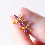 Vintage-Blumenohrringe aus 9-karätigem Gelbgold mit blauem Topas, rosa Turmalin, Citrin, Amethyst und grünem Turmalin, 80er Jahre