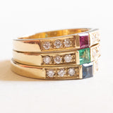 Drei Vintage-Ringe aus 14-karätigem Gelbgold mit Rubin (ca. 0.15 ct), Smaragd (0.15 ct), Saphir (ca. 0.20 ct) und Diamanten (ca. 0.30 ct), 70er Jahre