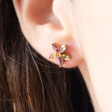 Vintage-Blumenohrringe aus 9-karätigem Gelbgold mit blauem Topas, rosa Turmalin, Citrin, Amethyst und grünem Turmalin, 80er Jahre