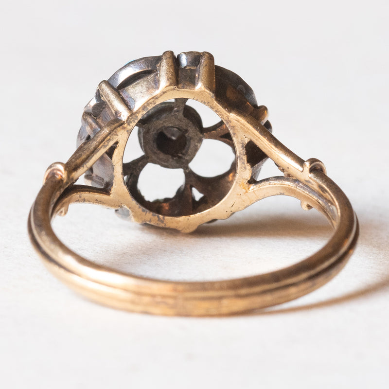 Anello antico in oro giallo 18K e argento con diamante centrale di taglio rosetta, turchesi e perline, primi del’900