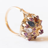 Vintage-Ring „Pagode“ aus 10-karätigem Gelbgold mit rosa Saphiren, Citrin, grünem Glas, gelbem Saphir, Granat, blauem Topas, weißem Quarz und braunem Topas, 70er Jahre