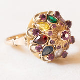 Vintage-Ring „Pagode“ aus 10-karätigem Gelbgold mit rosa Saphiren, Citrin, grünem Glas, gelbem Saphir, Granat, blauem Topas, weißem Quarz und braunem Topas, 70er Jahre