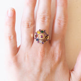 Vintage-Ring „Pagode“ aus 10-karätigem Gelbgold mit rosa Saphiren, Citrin, grünem Glas, gelbem Saphir, Granat, blauem Topas, weißem Quarz und braunem Topas, 70er Jahre