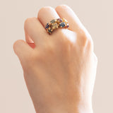 Vintage-Ring aus 18 Karat Gelbgold, blauer Saphir, grüner Turmalin, Rubin, behandelter gelber Saphir, Chromodiopsid, Citrin, synthetischer blauer Spinell und Granat, 70er/80er Jahre
