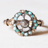 Antiker Ring aus 18 Karat Gelbgold und Silber mit einem zentralen Diamanten im Rosenschliff, Türkisen und Perlen, Anfang des 900. Jahrhunderts