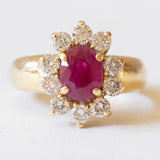 Bague marguerite vintage en or jaune 18 carats avec rubis (env. 1.70 ct) et diamants taillés en brillant (env. 1 ct), années 60