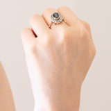 Vintage-Gänseblümchenring aus 18-karätigem Gelbgold und Silber mit Saphir (ca. 2 ct) und Diamanten im Brillantschliff (ca. 0.42 ctw), 50er/60er Jahre