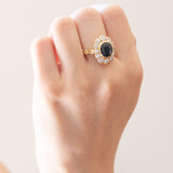 Vintage-Gänseblümchenring aus 18-karätigem Gelbgold mit Saphir (ca. 3.20 ct) und Diamanten im Brillantschliff (ca. 1.40 ctw), 60er Jahre