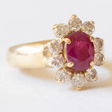 Bague marguerite vintage en or jaune 18 carats avec rubis (env. 1.70 ct) et diamants taillés en brillant (env. 1 ct), années 60