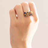 Vintage-Ring aus 18 Karat Gelbgold, blauer Saphir, grüner Turmalin, Rubin, behandelter gelber Saphir, Chromodiopsid, Citrin, synthetischer blauer Spinell und Granat, 70er/80er Jahre