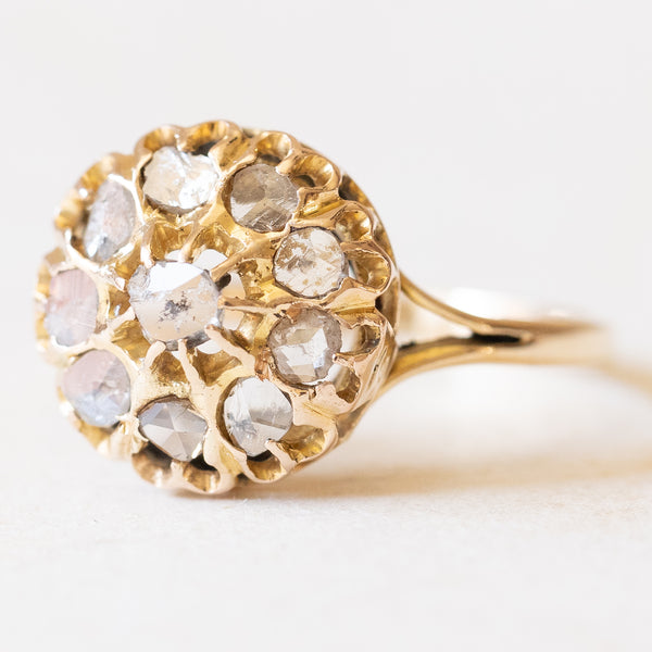 Anello a margherita convertito da orecchino antico in oro giallo 18K con diamanti di taglio rosetta