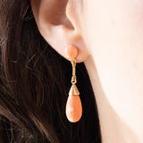 Boucles d'oreilles pendantes vintage en or jaune 14 carats et corail rose, 50s