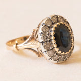 Vintage-Gänseblümchenring aus 18-karätigem Gelbgold und Silber mit Saphir (ca. 2 ct) und Diamanten im Brillantschliff (ca. 0.42 ctw), 50er/60er Jahre