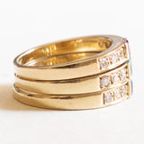 Drei Vintage-Ringe aus 14-karätigem Gelbgold mit Rubin (ca. 0.15 ct), Smaragd (0.15 ct), Saphir (ca. 0.20 ct) und Diamanten (ca. 0.30 ct), 70er Jahre